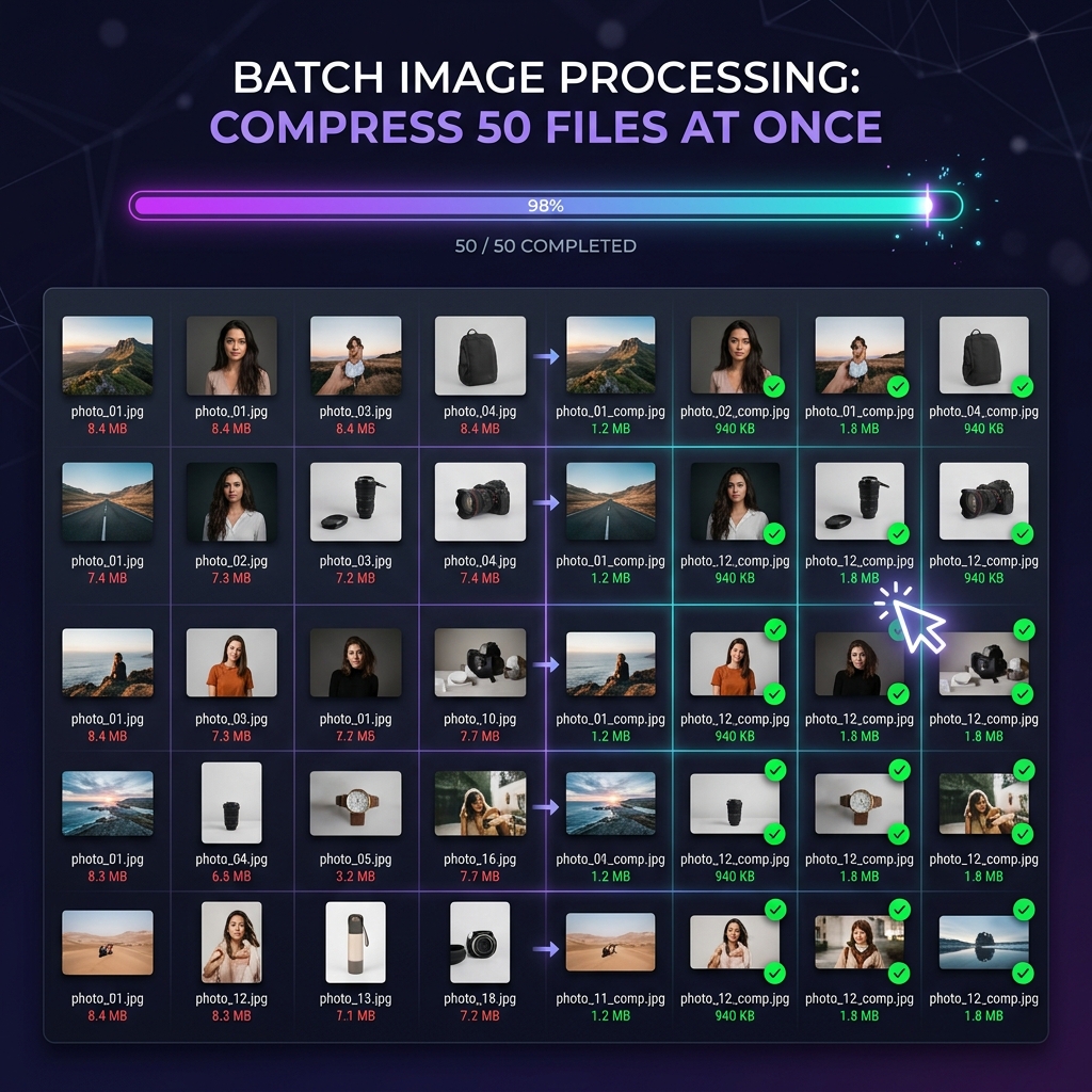 Grid of image thumbnails being batch compressed simultaneously with progress indicators