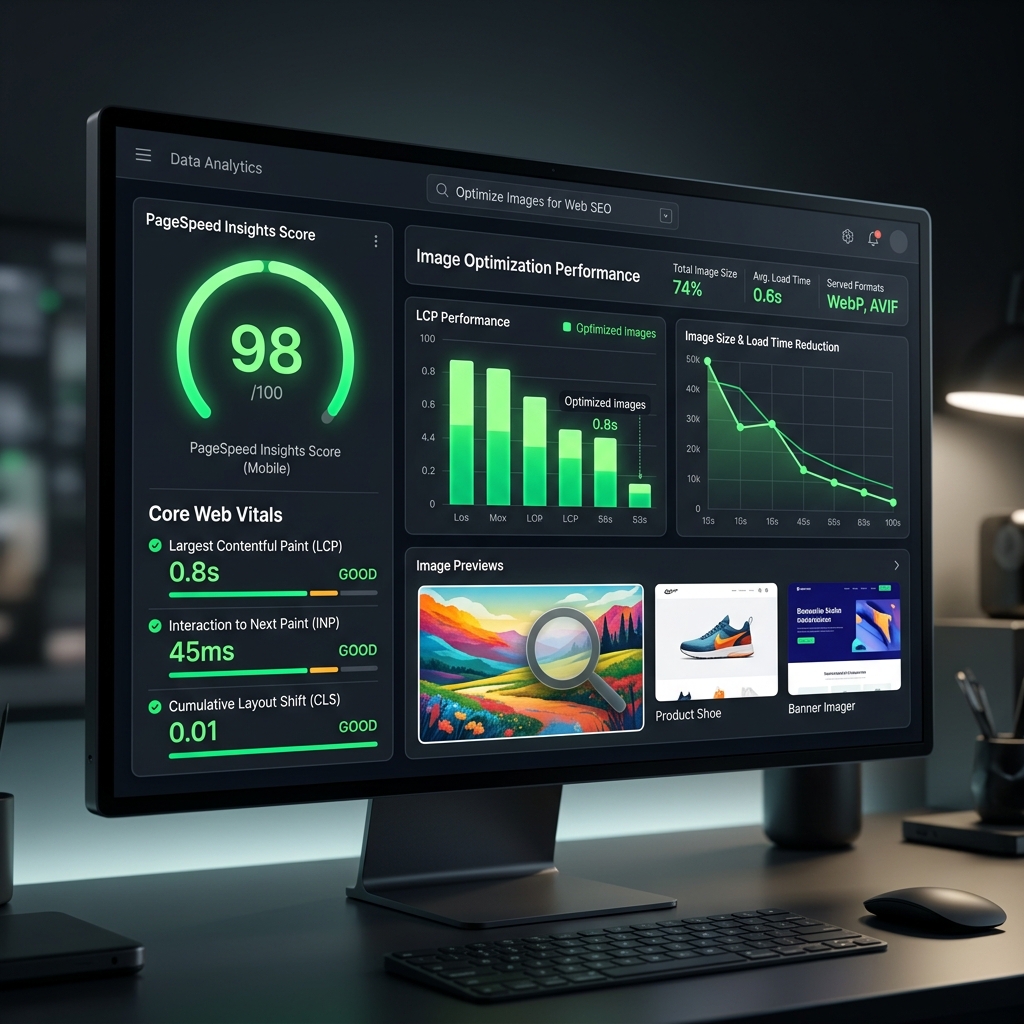 PageSpeed Insights dashboard showing 98 performance score with image optimization metrics