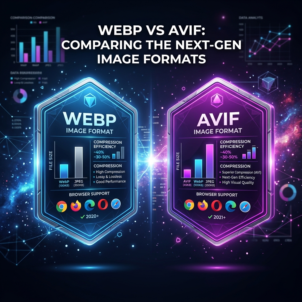 WebP vs AVIF format comparison showing compression efficiency and browser support statistics